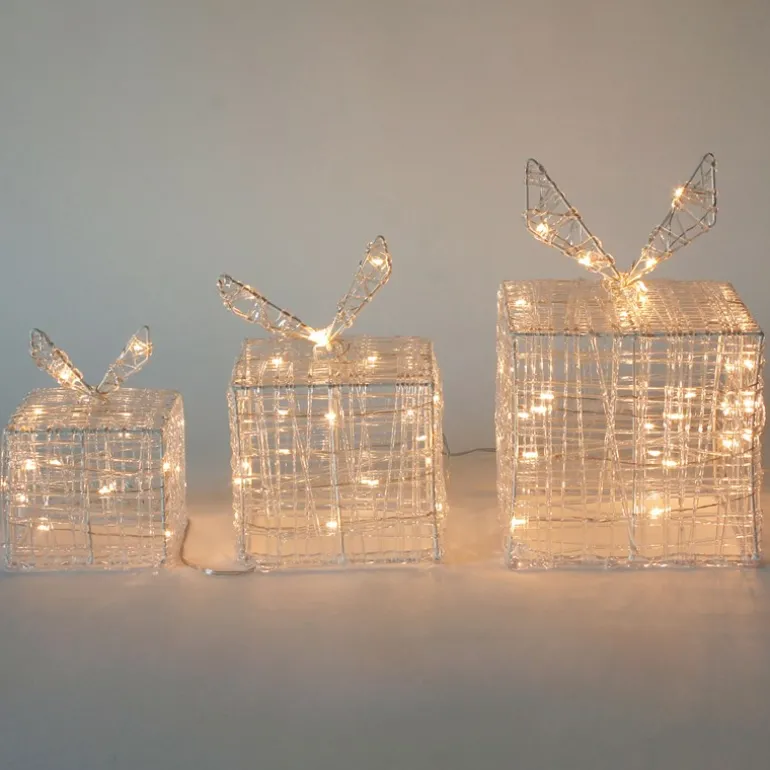 LED Geschenkboxen 3er Set mit 90 LEDs Warmweiß Metallgestell IP44 mit Netzstecker