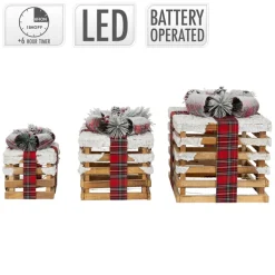 LED Geschenkbox Weihnachtsdeko 3er Set Braun aus Holz batteriebetrieben mit Timer