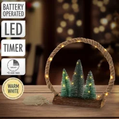 LED Jute Kreis 34x30x7.5 cm aus Seil mit 30 warmweißen LEDs 3 Tannen Jutesäckchen Batterien Timer