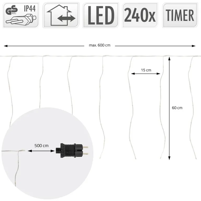 LED Lichtervorhang 6 m mit 240 LEDs Warmweiß IP44 Timer