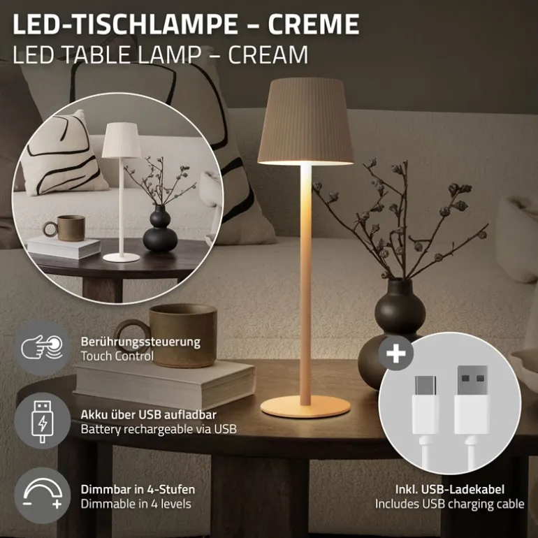 LED Tischlampe kabellos mit Touch, Creme, Ø10x36 cm, Akku Tischleuchte USB-C ML-Design
