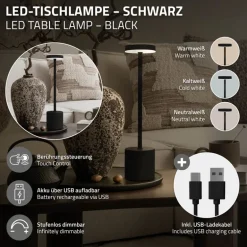 LED Tischlampe kabellos mit Touch, Schwarz Ø8x34,5cm Akku Tischleuchte USB-C ML-Design