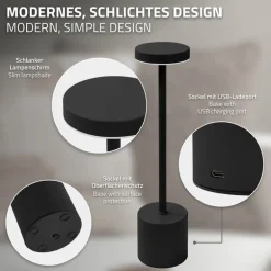 LED Tischlampe kabellos mit Touch, Schwarz Ø8x34,5cm Akku Tischleuchte USB-C ML-Design