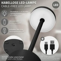 LED Tischlampe kabellos mit Touch, Schwarz Ø8x34,5cm Akku Tischleuchte USB-C ML-Design