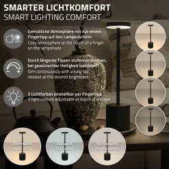 LED Tischlampe kabellos mit Touch, Schwarz Ø8x34,5cm Akku Tischleuchte USB-C ML-Design