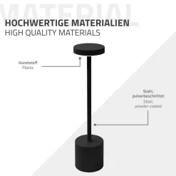 LED Tischlampe kabellos mit Touch, Schwarz Ø8x34,5cm Akku Tischleuchte USB-C ML-Design