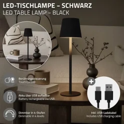 LED Tischlampe kabellos mit Touch, Schwarz, Ø10x36 cm, Akku Tischleuchte USB-C ML-Design