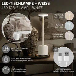 LED Tischlampe kabellos mit Touch, Weiß Ø8x34,5cm Akku Tischleuchte USB-C ML-Design