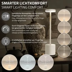 LED Tischlampe kabellos mit Touch, Weiß Ø8x34,5cm Akku Tischleuchte USB-C ML-Design