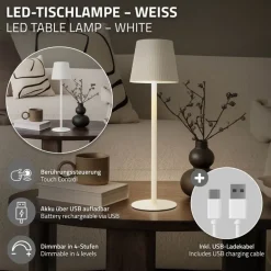 LED Tischlampe kabellos mit Touch, Weiß, Ø10x36 cm, Akku Tischleuchte USB-C ML-Design