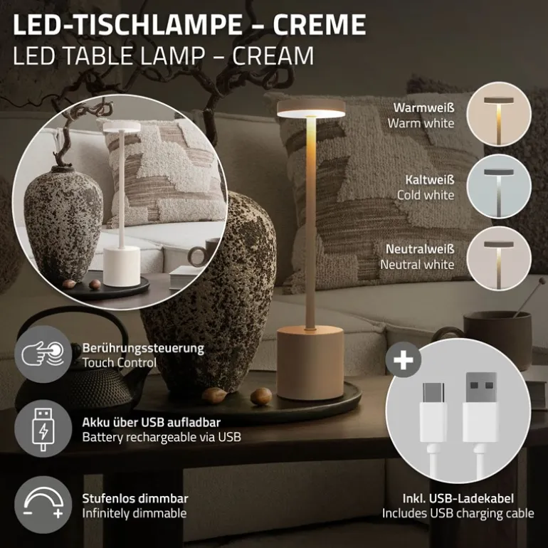 LED Tischlampe kabellos mit Touch, Creme Ø8x34,5cm Akku Tischleuchte USB-C ML-Design