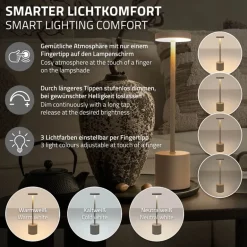 LED Tischlampe kabellos mit Touch, Creme Ø8x34,5cm Akku Tischleuchte USB-C ML-Design