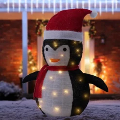 LED Weihnachtspinguin 68cm hoch mit Mütze und Schal Gartenfigur Weihnachtsdeko mit 30 warmweißen LEDs