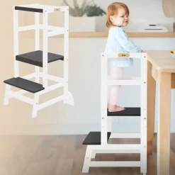 Lernturm für Kinder ab 1 Jahr weiß/schwarz mit höhenverstellbarer Plattform aus Holz von Joyz