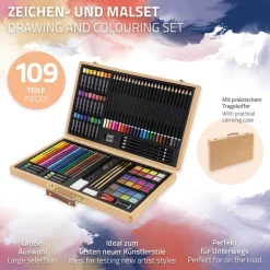 Malkoffer aus Holz 109-Teilig mit Kreiden, Buntstiften und Wasserfarben inklusive Zubehör