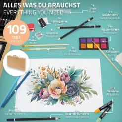 Malkoffer aus Holz 109-Teilig mit Kreiden, Buntstiften und Wasserfarben inklusive Zubehör