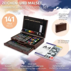 Malkoffer aus Holz 141-Teilig mit Buntstiften, Ölpastellkreide, Aquarellfarben