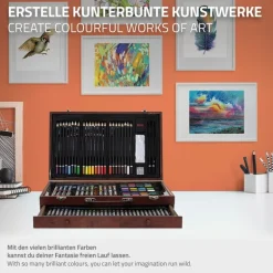 Malkoffer aus Holz 141-Teilig mit Buntstiften, Ölpastellkreide, Aquarellfarben