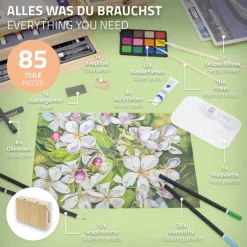 Malkoffer aus Holz 85-Teilig mit Pinseln, Bleistiften, Acrylfarben und Skizzierblöcken
