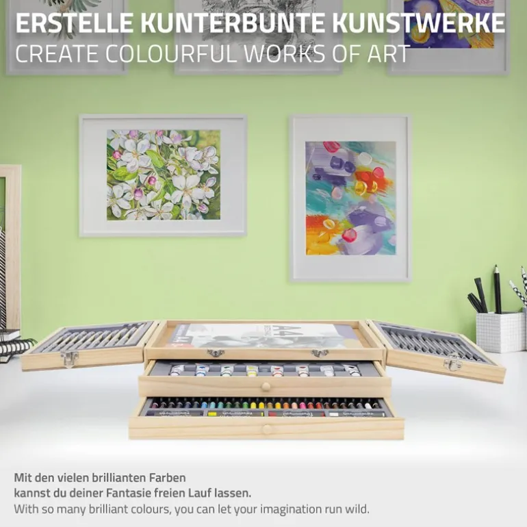 Malkoffer aus Holz 85-Teilig mit Pinseln, Bleistiften, Acrylfarben und Skizzierblöcken