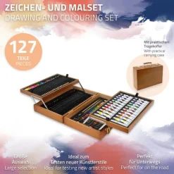 Malset 127-Teilig im Holzkoffer mit Farbtuben und verschiedenen Farbstiften für Groß und Klein