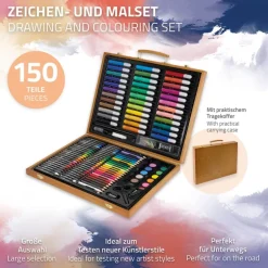 Malset 150-Teilig im Holzkoffer mit Filzstiften, Wachsmalstiften, Ölpastellkreide und Buntstiften