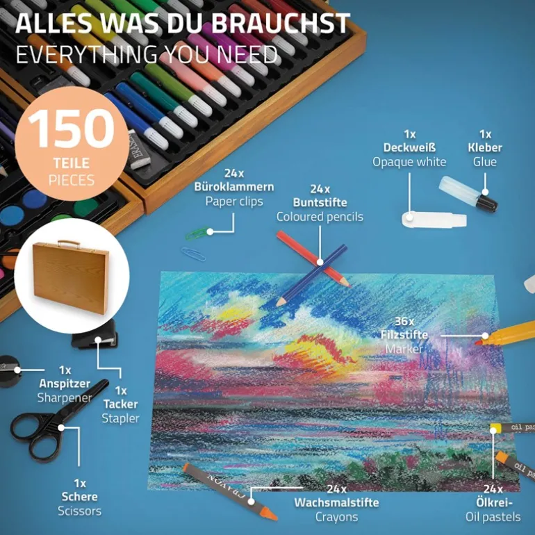 Malset 150-Teilig im Holzkoffer mit Filzstiften, Wachsmalstiften, Ölpastellkreide und Buntstiften