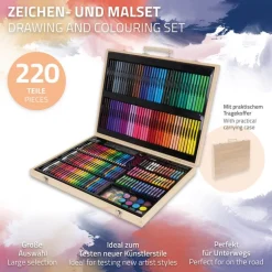 Malset 220-Teilig im Holzkoffer mit Filzstiften, Wachsmalstiften, Ölpastellkreide, Buntstiften und Wasserfarben