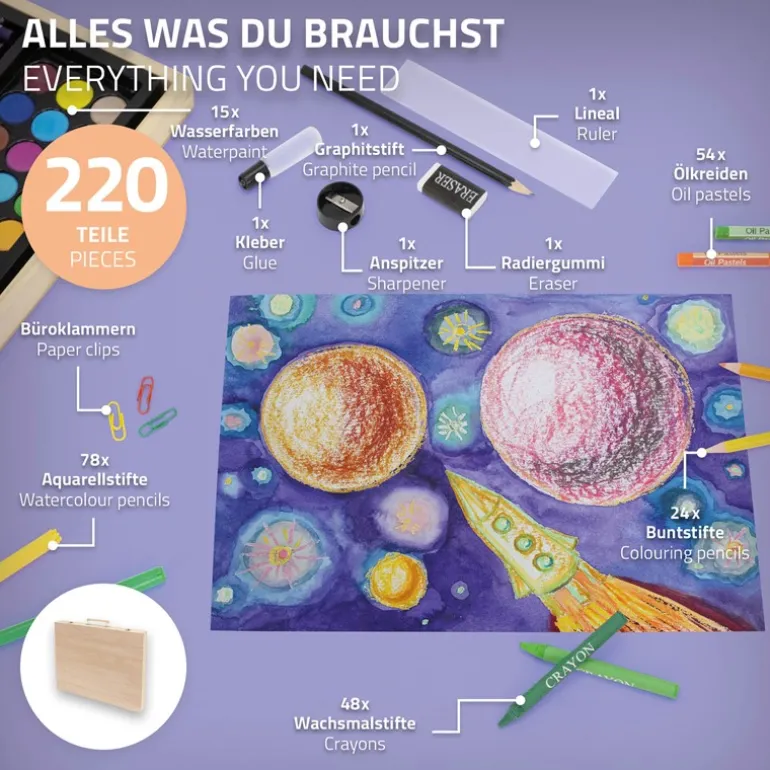 Malset 220-Teilig im Holzkoffer mit Filzstiften, Wachsmalstiften, Ölpastellkreide, Buntstiften und Wasserfarben