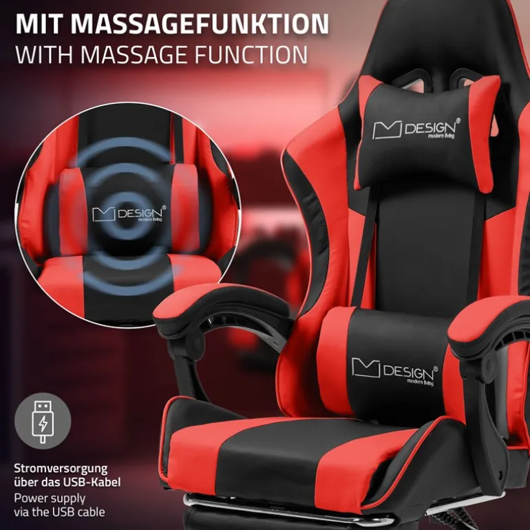 Massage Gaming Stuhl Schwarz/Rot aus PU-Leder ML-Design