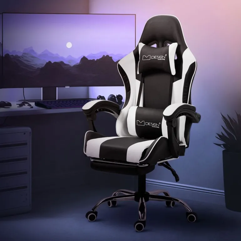 Massage Gaming Stuhl Schwarz/Weiß aus PU-Leder ML-Design