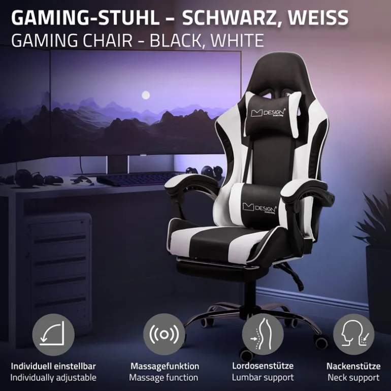 Massage Gaming Stuhl Schwarz/Weiß aus PU-Leder ML-Design