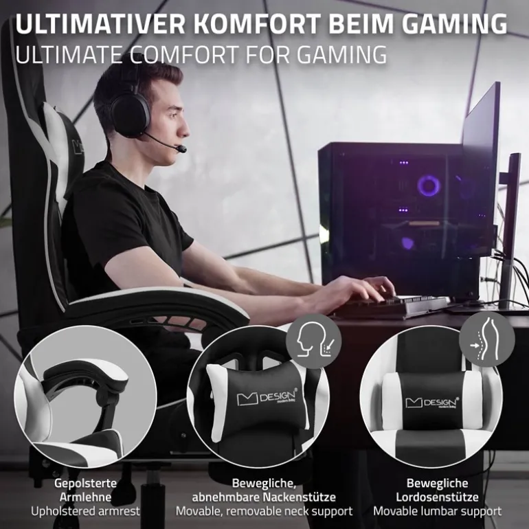 Massage Gaming Stuhl Schwarz/Weiß aus PU-Leder ML-Design
