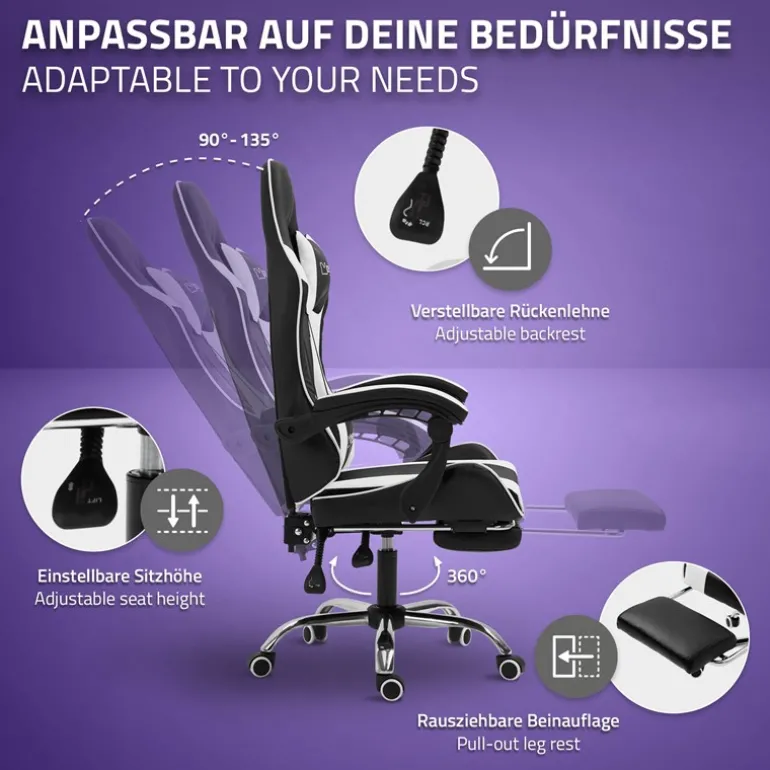 Massage Gaming Stuhl Schwarz/Weiß aus PU-Leder ML-Design