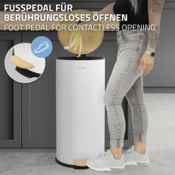 Mülleimer 30L rund mit Fußpedal, Weiß, Stahl, Treteimer mit Bambusdeckel Softclose ML-Design