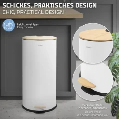 Mülleimer 30L rund mit Fußpedal, Weiß, Stahl, Treteimer mit Bambusdeckel Softclose ML-Design