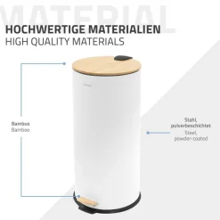 Mülleimer 30L rund mit Fußpedal, Weiß, Stahl, Treteimer mit Bambusdeckel Softclose ML-Design