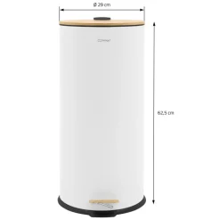 Mülleimer 30L rund mit Fußpedal, Weiß, Stahl, Treteimer mit Bambusdeckel Softclose ML-Design