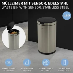 Mülleimer mit Sensor 30L rund aus Edelstahl, Silber, Automatisches Öffnen & Schließen ML-Design