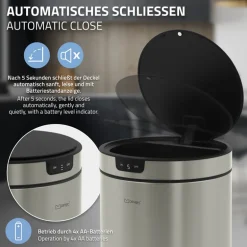 Mülleimer mit Sensor 30L rund aus Edelstahl, Silber, Automatisches Öffnen & Schließen ML-Design