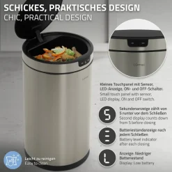 Mülleimer mit Sensor 30L rund aus Edelstahl, Silber, Automatisches Öffnen & Schließen ML-Design