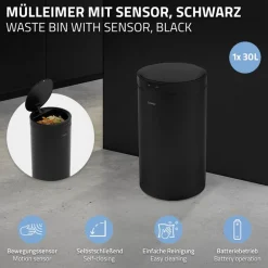 Mülleimer mit Sensor 30L rund aus Stahl Schwarz matt Automatisches Öffnen & Schließen ML-Design