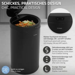 Mülleimer mit Sensor 30L rund aus Stahl Schwarz matt Automatisches Öffnen & Schließen ML-Design