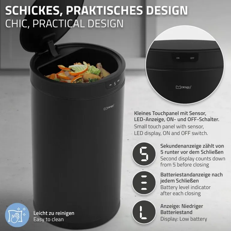 Mülleimer mit Sensor 30L rund aus Stahl Schwarz matt Automatisches Öffnen & Schließen ML-Design
