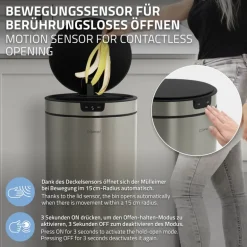 Mülleimer mit Sensor 40L rund aus Edelstahl, Silber, Automatisches Öffnen & Schließen ML-Design