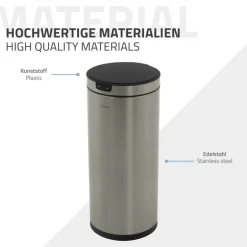 Mülleimer mit Sensor 40L rund aus Edelstahl, Silber, Automatisches Öffnen & Schließen ML-Design