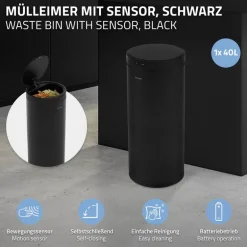 Mülleimer mit Sensor 40L rund aus Stahl Schwarz matt Automatisches Öffnen & Schließen ML-Design