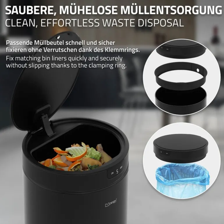 Mülleimer mit Sensor 40L rund aus Stahl Schwarz matt Automatisches Öffnen & Schließen ML-Design