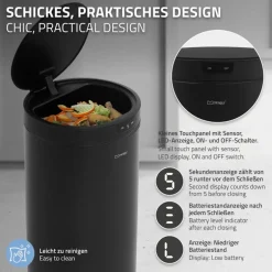 Mülleimer mit Sensor 40L rund aus Stahl Schwarz matt Automatisches Öffnen & Schließen ML-Design
