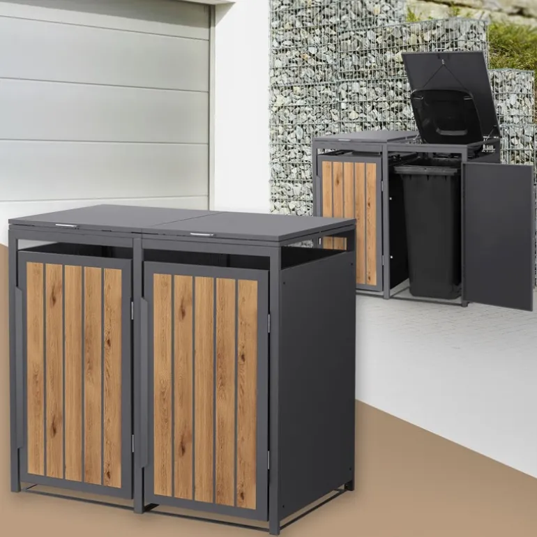 Mülltonnenbox 2er bis 240 Liter 132x80x120 cm aus Stahl in Anthrazit-Holzoptik ML-Design